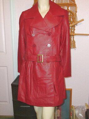 Vtg Newport News Red Leather Trench Coat M 8 Corpcore Luxury Old Money 90s Y2K